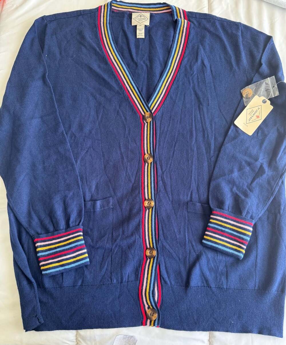 St. John's Bay Cardigan Size PXL Blue Multi-Color Stripe Trim Open Front Sweater